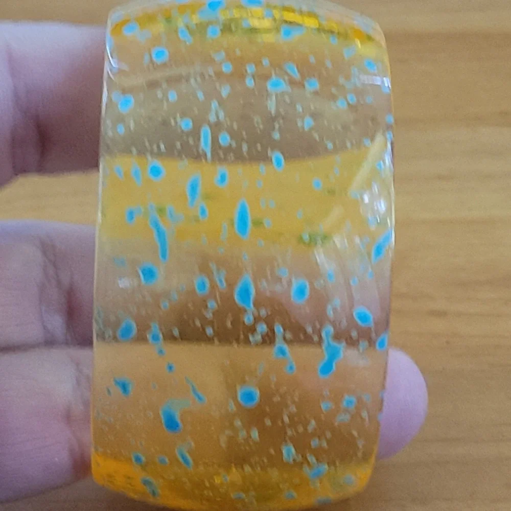 Chunky Amber Resin Bangle Bracelet Blue Splatter Wide Lucite Style 2.5 Inch